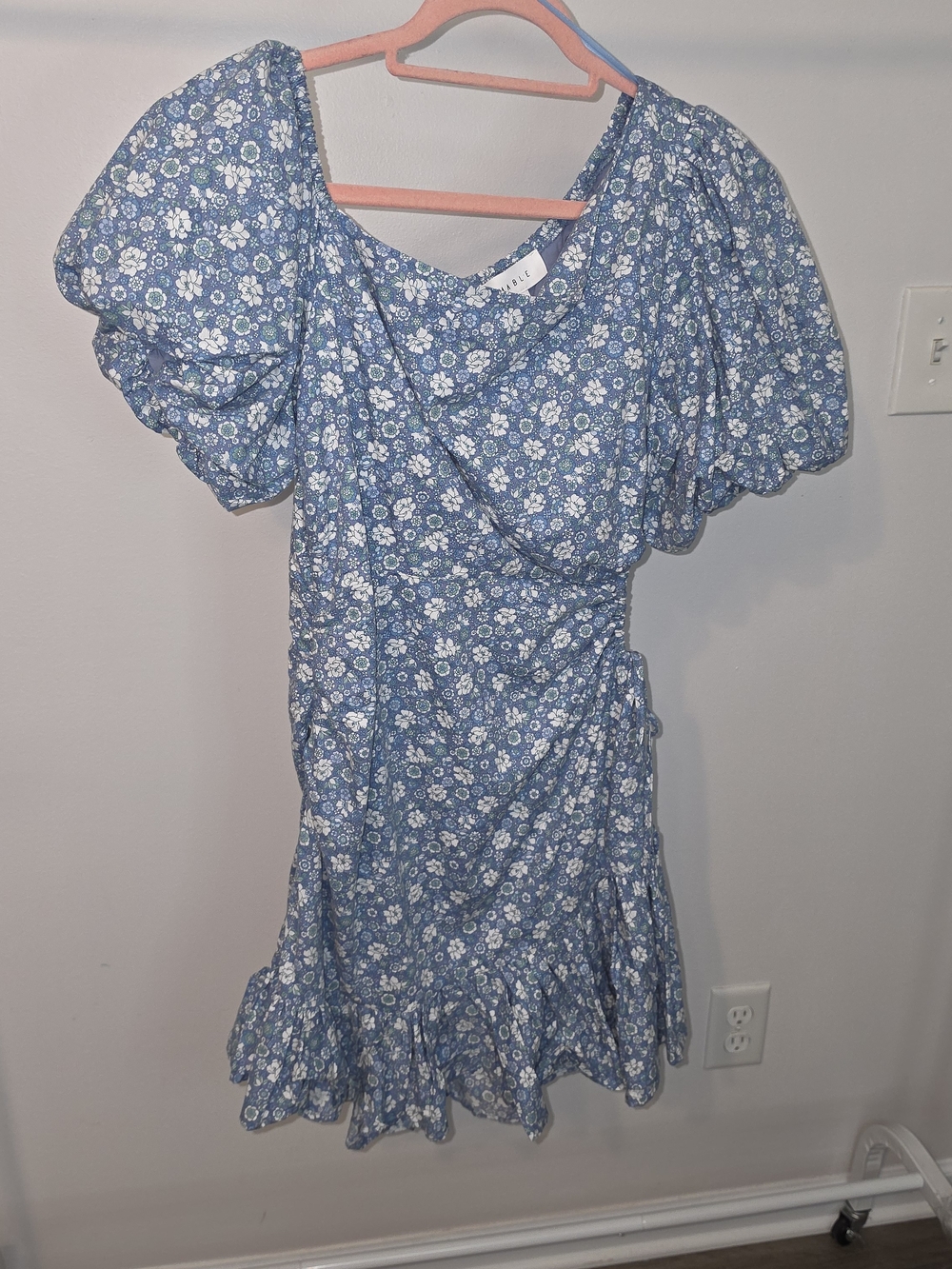 Mable blue floral mini dress with white floral print, size L #floraldress #mini